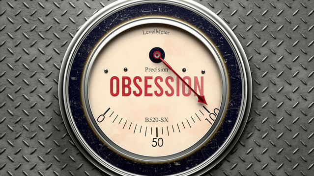 Obsession that is hitting a full scale, showing a very high level of obsession, overload of it, too much of it. Maximum value, off the charts.  ,3d illustration