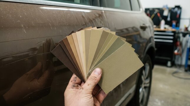 Auto painter holding large brown and khaki earth tone paint fan deck against dark brown SUV door in workshop