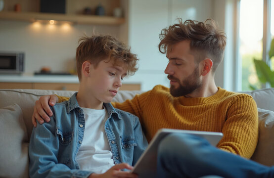 Father talks supportively to his sad teenage son at home on sofa. Young boy looks troubled with tablet screen while dad offers comfort and understanding during difficult conversation.