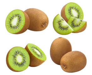 Fototapeta premium Set of fresh kiwi fruit compositions, isolated on cutout transparent background