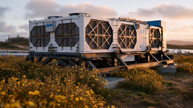 Carbon capture direct air unit in an open field at summer solstice, long shadows from solstice sun angling across white equipment housing, yellow wildflowers surrounding the installation, perfect fo