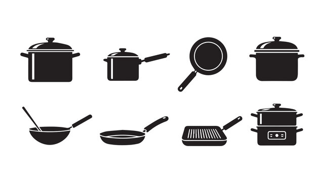 Assorted cooking pots and pans arranged for culinary design and kitchen concepts