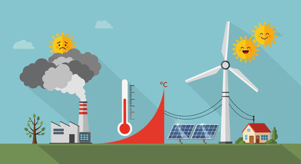 Fototapeta premium Climate Change and Renewable Energy Transition Flat Vector Illustration