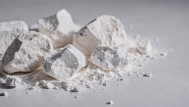 A close-up view of several natural, light-colored mineral chunks with a powdery texture, scattered on a complementary pale surface under bright, even illumination, highlighting their rough, unrefined