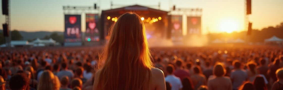 Woman watches large crowd at outdoor music festival during sunset. Energetic audience enjoys live band performance on stage under warm golden sky. Event celebration.