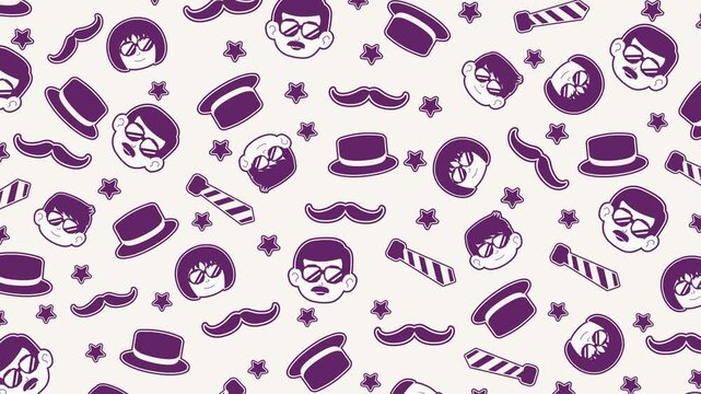 Fathers Day 4K looping pattern animation featuring mustaches, hats, ties, and stylish dad faces. Ideal for social media content, festive backgrounds, title screens, and promo videos.