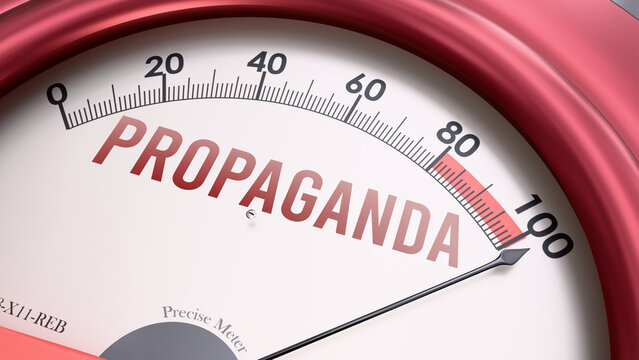 Propaganda showing very high levels, increasing values of propaganda. Overload of it, too much of propaganda. Maximum value, off the charts. Propaganda meter rising to max.  ,3d illustration