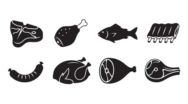 Assorted Raw Meats and Poultry icons in flat silhouette style on white background for culinary themes