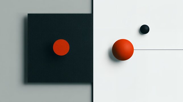 Modern abstract 3D geometric background featuring textured red spheres and black square on split grey and white backdrop for minimalist concept design