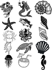 Obraz premium Ocean svg bundle, Sea life clipart, Seashell vector, Mermaid svg, Crab illustration 