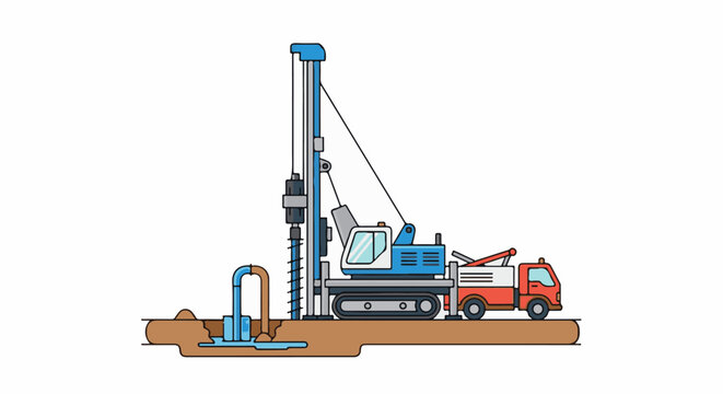 Truck-mounted drilling rig excavating in brown soil with pipes
