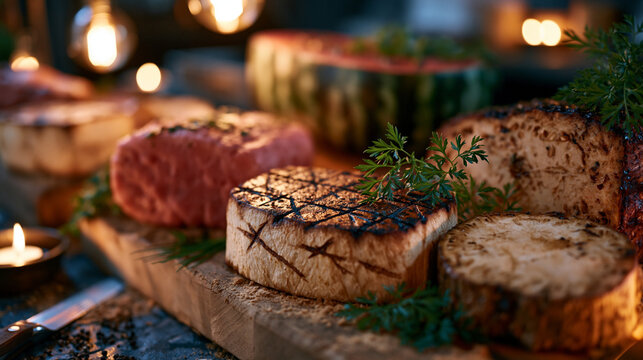 Plant-based butchery counter displaying sculpted watermelon roasts and celeriac steaks under warm pendant lights, knife marks deliberate and theatrical, sawdust on slate floors, ideal for vegan cuis