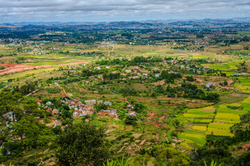 Obraz premium Rural landscape with traditional villages and rice fields near Antananarivo
