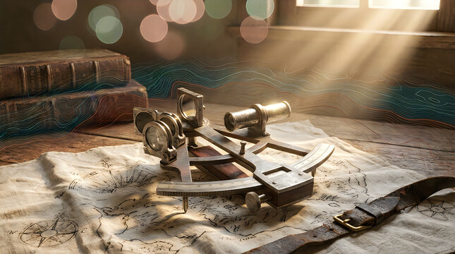 "Antique Brass Sextant on Vintage Nautical Map with Leather Strap and Old Book in Warm Sunlight"
