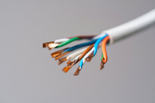 Closeup of an ethernet network cable with exposed twisted pair copper wires