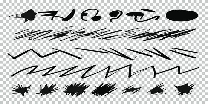 Collection of black hand drawn abstract scribbles and lines with brush stroke white background scribble abstract illustration background isolated collection energetic creative minimalist