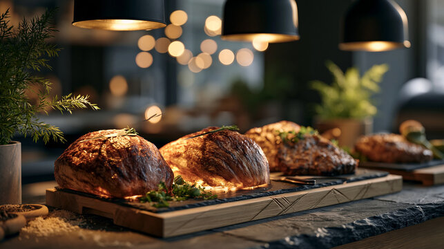 Plant-based butchery counter displaying sculpted watermelon roasts and celeriac steaks under warm pendant lights, knife marks deliberate and theatrical, sawdust on slate floors, ideal for vegan cuis