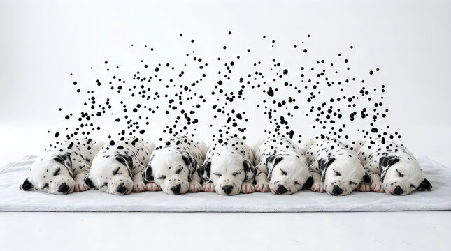  Dalmatian Puppies Sleeping In Row With Floating Ink Spots