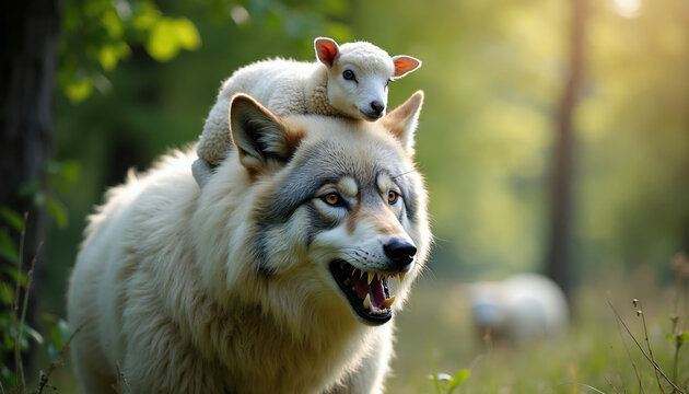Wolf wears sheep skin with lamb on its head. Predator hides innocence. Deception in wild nature. Animal metaphor for disguise. Wolf bares teeth.