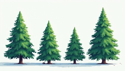 Obraz premium Pixel art evergreen trees vary in height and shade of green. Digital illustration shows conifer plants with needles, shadows, and stems. Simple forest graphic for game design asset.