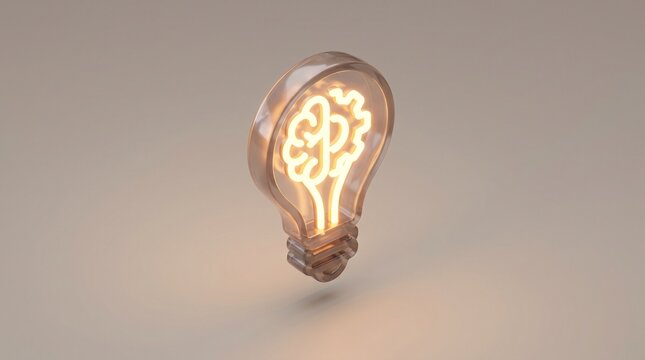 3D render glowing lightbulb icon with brain and gear filament