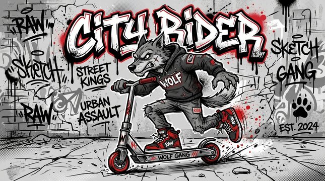 Anthropomorphic wolf scooter rider illustration with graffiti street art style