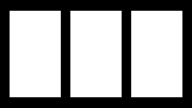 3 Vertical Split Screen Film Matte Overlay Animation. Rectangle elements Film Frame. Geometric design symbol border.