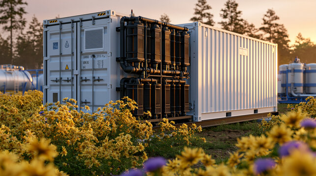 Carbon capture direct air unit in an open field at summer solstice, long shadows from solstice sun angling across white equipment housing, yellow wildflowers surrounding the installation, perfect fo
