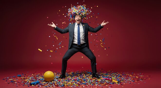 A figure strikes an exaggerated, humorous pose amidst scattered, vibrant confetti and unexpected items, illustrating unpredictable trickster behavior and chaos ,freedom ,lively ,unconventional