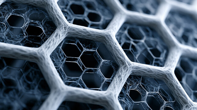 Close up of a carbon capture membrane filter cross-section under laboratory light, hexagonal polymer lattice visible in extreme detail on white background, perfect for carbon technology, materials s