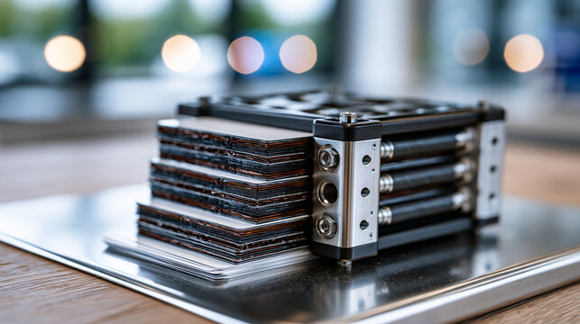 Close up of a hydrogen fuel cell stack cross-section on a laboratory bench, membrane electrode assembly layers fanned out like playing cards, white background, perfect for fuel cell technology, engi