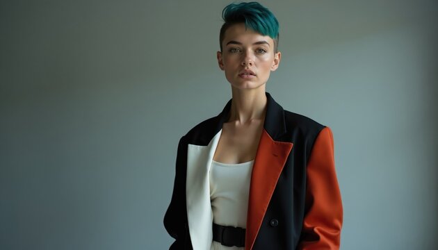 Woman with blue hair wears color block blazer. Professional portrait shows her looking forward against gray studio background. Fashionable style with white top and black belt.