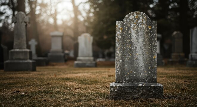 A weathered gray stone tombstone stands alone in an old forgotten cemetery, symbolizing mortality and eternal rest ,grief ,memorial ,rest