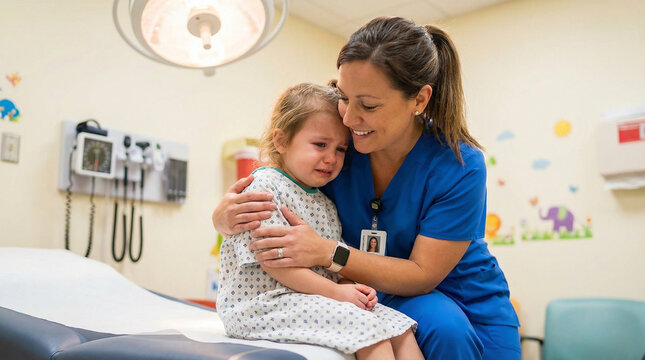 Nurse Comforts Crying Young Girl in Medical Examination Room with Care