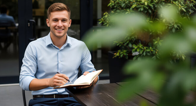Career coaching content for goal setting and interview preparation shows a founder writing action steps in a journal during an open air strategy meeting for hiring articles near the office entrance