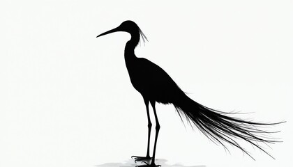 Fototapeta premium Minimalist black silhouette of stylized bird with long flowing tail feathers standing against clean white background. Elegant avian form evokes nature and wildlife themes with simple graphic design.