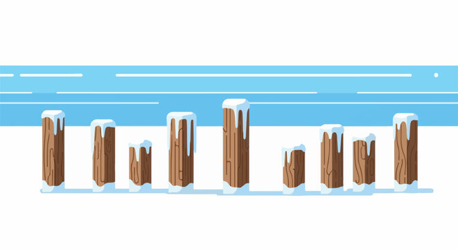 Pixelated wooden posts stand in snow with a pale blue, striped background