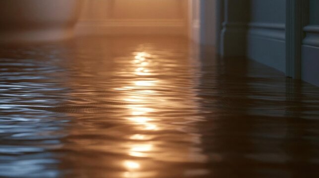 Flooded floor in a room. the water is deep enough to cover the entire floor and the walls. the light from the window is shining through the window, creating a warm glow that illuminates the scene.