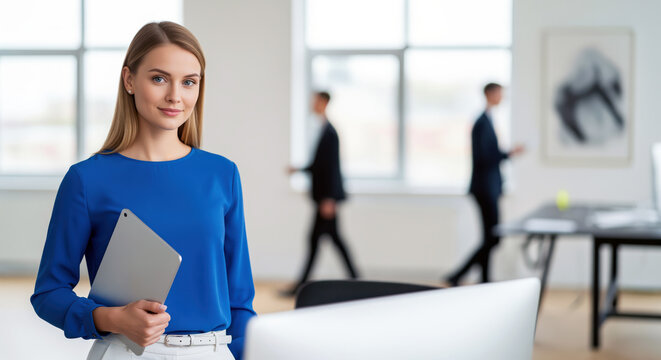 Promoting employment opportunity or creating trustworthy team presentation banner for corporate website about us page with smiling female agent holding folder at workspace