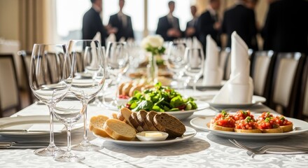 Fototapeta premium Elegant Business Banquet Table Setting with Appetizers and Blurred Professionals in the Background