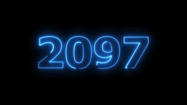 2097 Sal number neon text animation. Neon blue number new year background 4k video.