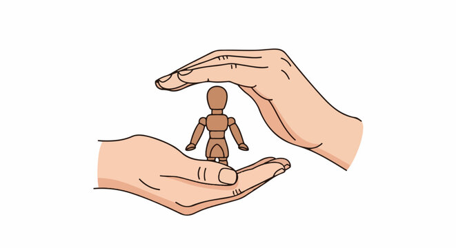 Two cupped hands gently hold a small wooden figure, symbolizing protection and care