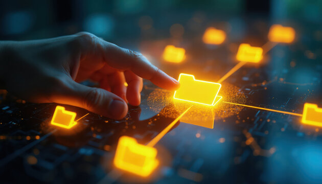Human finger interacts with glowing digital folder icons connected by lines. Conceptual image for data management cloud storage and cybersecurity technology.