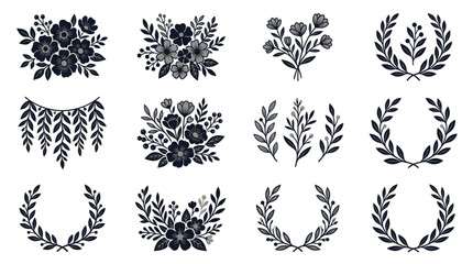 Collection of Decorative Floral and Laurel Wreath Elements. © Yandi