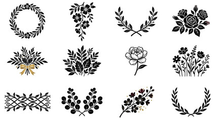 Fototapeta premium Collection of Black Floral Decorative Elements and Wreaths.