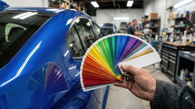 Auto painter holding full rainbow color fan deck against blue modern sedan door panel in professional body shop