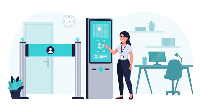 Woman Using Biometric Security Kiosk for Access Control