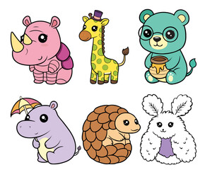 Set of six cute kawaii animals including rhino giraffe bear hippo pangolin and creature drawn in flat vector illustration style for kids coloring book pages or stickers isolated on white background © Peerlessgraph