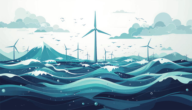Tidal Energy Conversion Process Illustration - Line Art Infographic