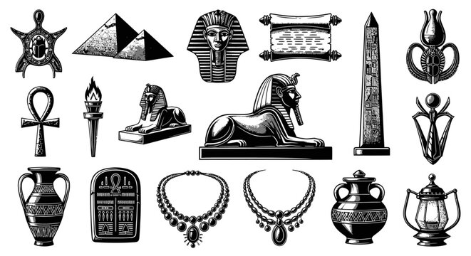 Ancient Egyptian Culture Archeology Artifacts  Symbols Vintage Black and White Line Art Set